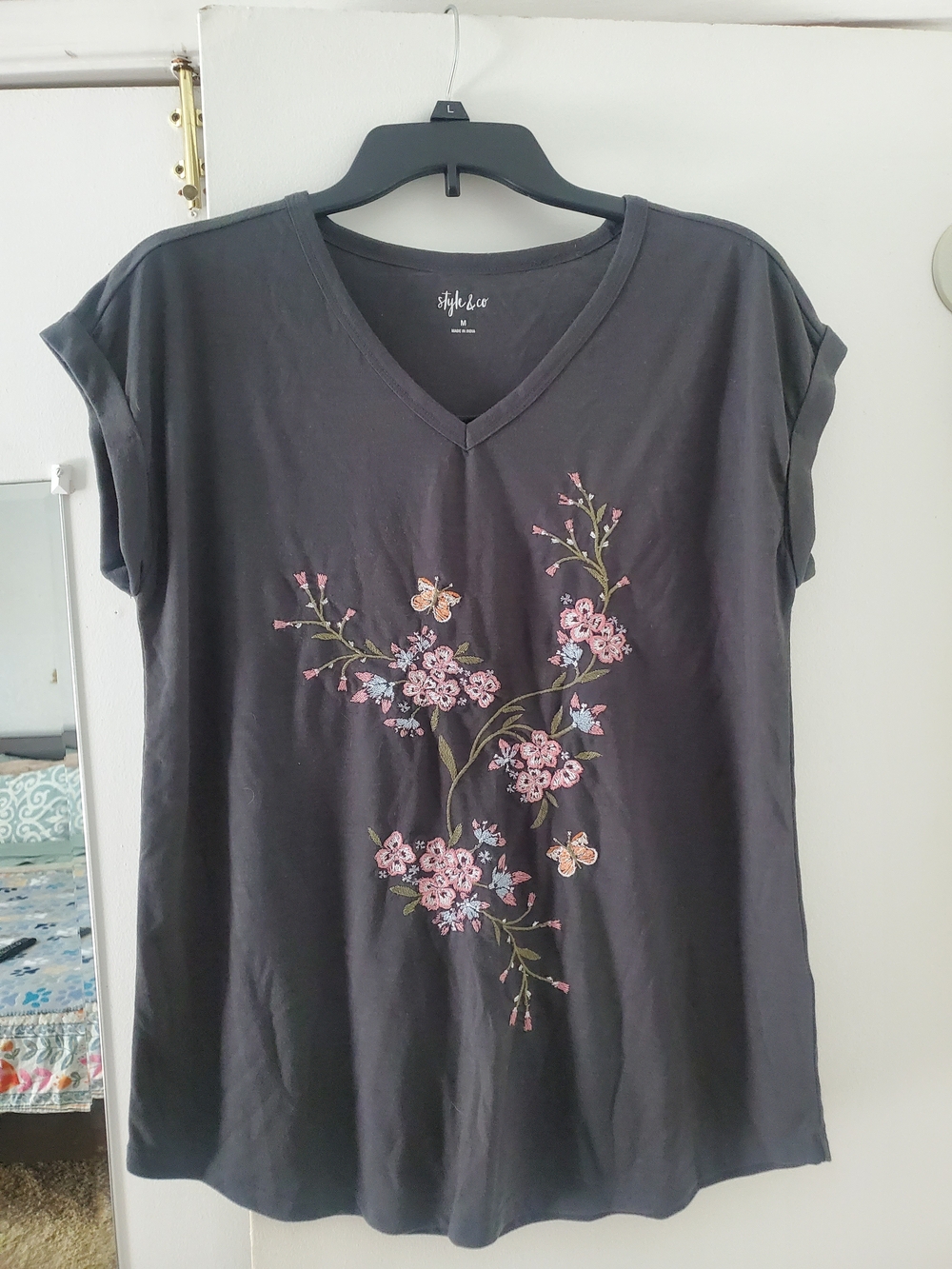 Style & Co. Charcoal V-Neck Tee with Pink Floral Embroidery
